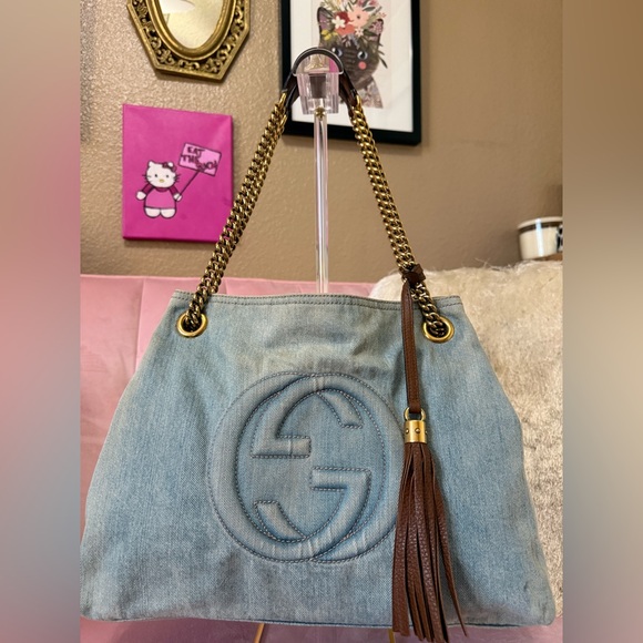 GUCCI SOHO DENIM Shoulder Bag Tote Brown Leather Tassel & Gold Hardware - Picture 2 of 16